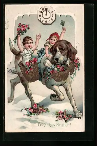 AK Zwei Kinder reiten auf einem Hund durch den Schnee, Körbe mit roten Blumen
