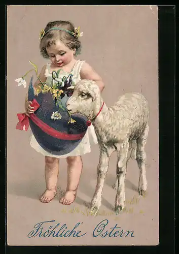 AK Lamm knabbert an den Blumen eines Mädchens