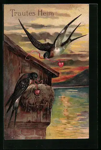 Präge-AK Schwalben mit Herzen im Schnabel bauen an ihrem Nest