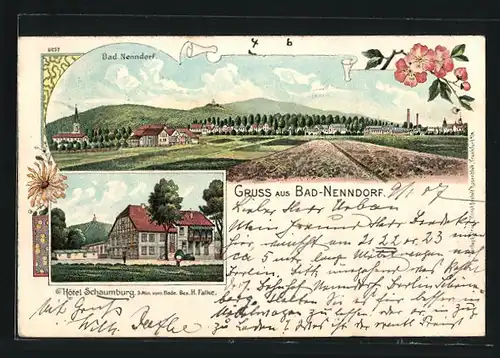 Lithographie Bad Nenndorf, Hotel Schaumburg H. Falke, Panorama des Ortes
