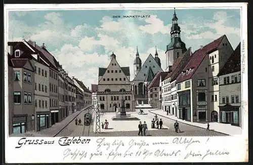 Lithographie Eisleben, Markt mit Strassenbahn