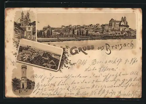 Lithographie Breisach, Tullathurm, Teilansicht, Panorama am Wasser