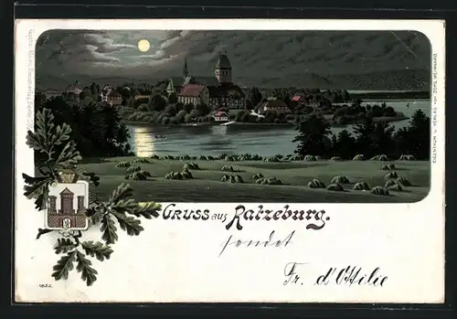 Lithographie Ratzeburg, Ortsansicht aus der Ferne