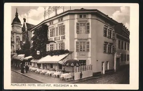 AK Rüdesheim /Rh., Aumüllers Hotel Belle-Vue mit Strasse