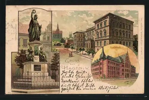 Lithographie Hagen i. W., Realschule, Krieger-Denkmal, Gymnasium