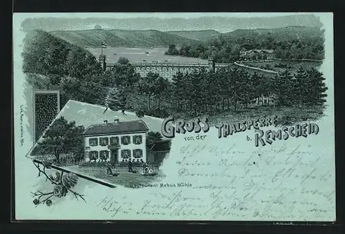 Lithographie Remscheid, Restaurant Mebus-Mühle, Talsperre