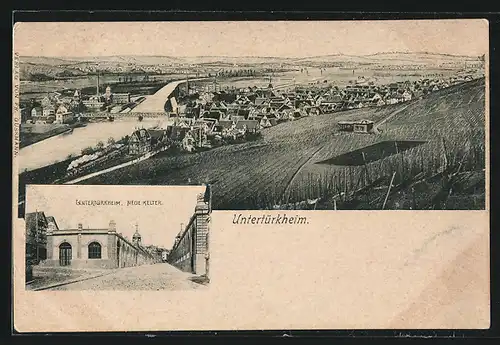 AK Untertürkheim, Gathaus Alte Kelter, Ortsansicht mit Brücke aus der Vogelschau