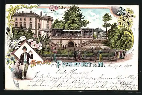 Lithographie Frankfurt a. M., Grindbrunnen am Nizza mit Kurgästen und Strasse