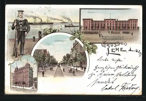 Lithographie Lehe, Weser, Kaserne, Hafenstrasse