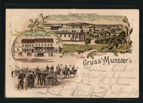 Lithographie Munster i. H., Hotel Haidekrug, Manöver, Truppenübungsplatz