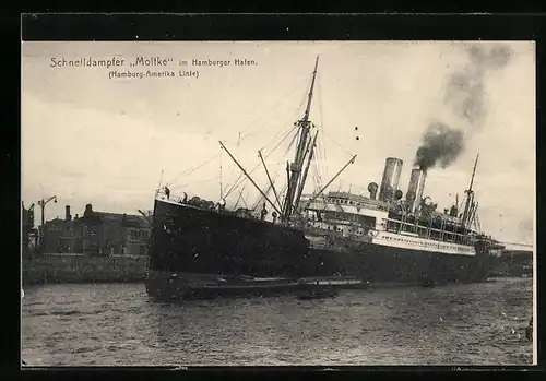 AK Hamburg, Schnelldampfer Moltke der H.-A.-Linie im Hafen anliegend