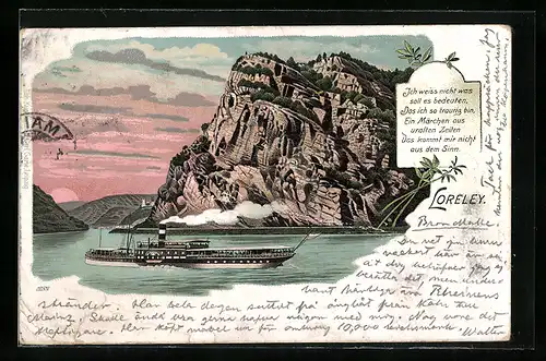 Künstler-AK Rhein-Dampfer an der Loreley