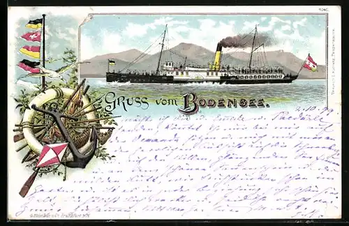 Lithographie Bodensee-Dampfer, Anker, Fahnen