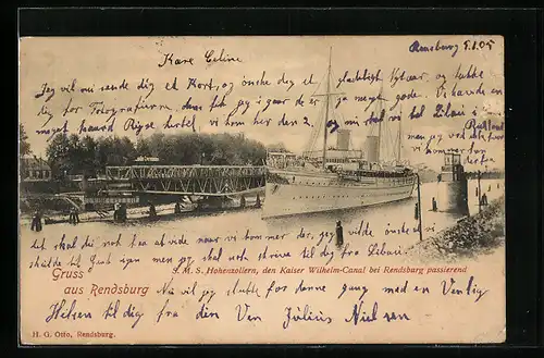 AK Rendsburg, SMS Hohenzollern auf dem Kaiser Wilhelm-Canal