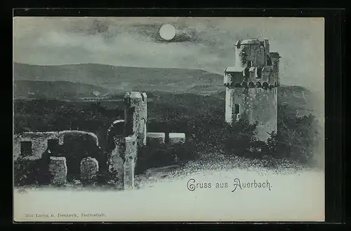 Mondschein-AK Auerbach, Panorama mit Turm