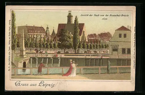 Lithographie Leipzig, Ansicht der Stadt von der Rosenthal-Brücke 1830