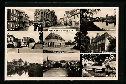 AK Bünde i. W., Eschstrasse, Elsepartie, Sparkasse Ennigloh, Kirchplatz