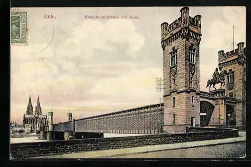 AK Köln, Eisenbahnbrücke mit Dom