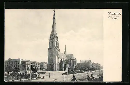 AK Karlsruhe, Bernharduskirche mit Strasse