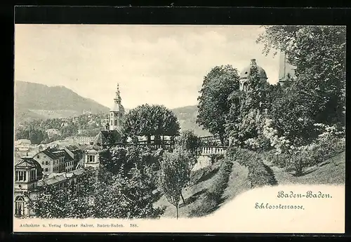 AK Baden-Baden, Schlossterrasse mit Ortsblick