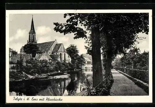 AK Telgte i. W., Ems-Partie mit Pfarrkirche