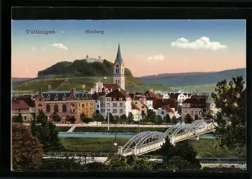 AK Tuttlingen, Teilansicht mit Brücke und Honberg aus der Vogelschau