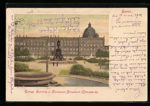 Lithographie Berlin, Schloss mit Denkmal Friedrich Wilhelm III.