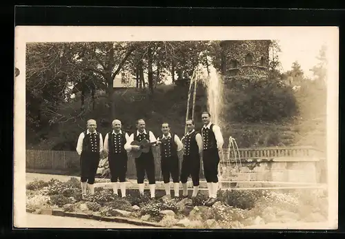 AK Schmiedefeld /Rstg., Musikgruppe Schmiedefelder Raben vor einer Wasserfontäne