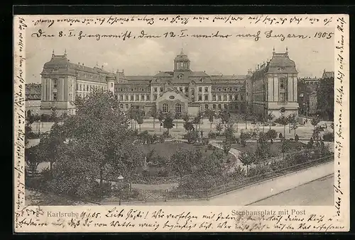 AK Karlsruhe, Stephansplatz mit Post