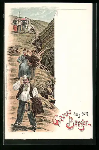 AK Bergsteiger mit Fernglas in den Bergen