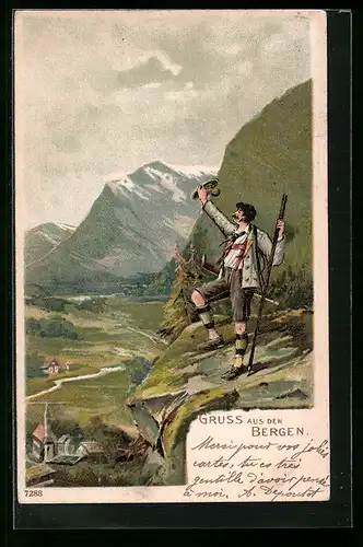 AK Gruss aus den Bergen, Bergsteiger schaut ins Tal