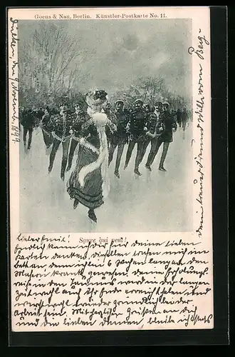 AK Frau auf Schlittschuhen vor Soldaten auf der Eisbahn