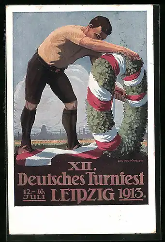 Künstler-AK Leipzig, 12. Deutsches Turnfest Juli 1913, der Sportler mit seinem Siegeskranz