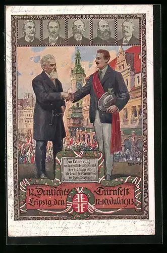 Künstler-AK Leipzig, 12. Deutsches Turnfest 1913, Organisatoren reichen sich die Hand, Wappen Deutscher Turnerbund