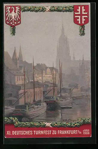 Künstler-AK Frankfurt a. M., XI. Deutsches Turnfest 1908, Uferpartie mit Kirche