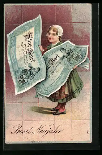 AK Prosit Neujahr, Junges Mädchen mit Geldscheinen