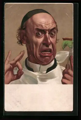 AK Geistlicher mit verzogenem Gesicht beim Essen