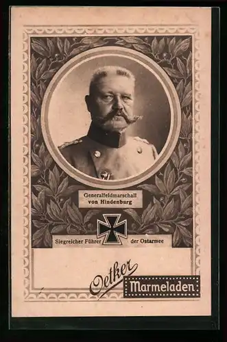 AK Reklame Oetker Marmeladen, Paul von Hindenburg, Eisernes Kreuz