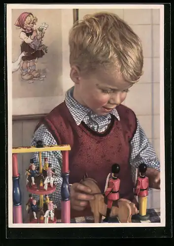 AK Kleiner Junge spielt mit Holzfiguren am Tisch