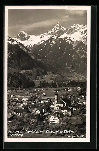 AK Schruns im Montafon, Teilansicht mit Kirche und Zimbaspitze