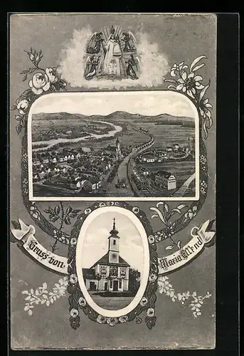 AK Maria Ellend, Ortspanorama und Kirche