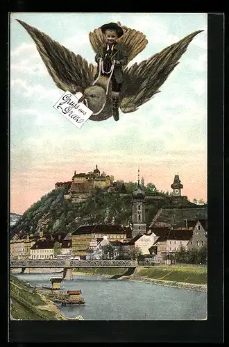 AK Graz, Flusspartie in der Stadt, Bub fliegt auf einer Brieftaube