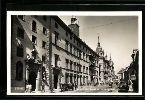 AK Graz, Pension Landhaus und Strasse Herrengasse