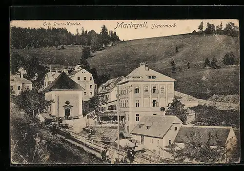 AK Mariazell /Steiermark, Ortspartie mit Gasthof und Heil. Brunn-Kapelle