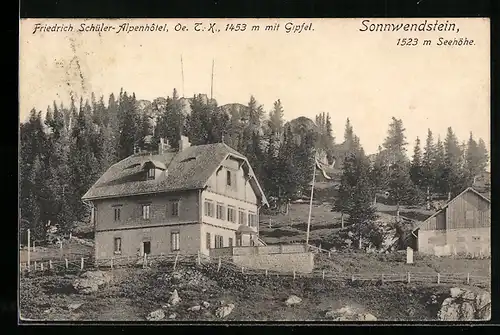 AK Schottwien, Friedrich Schüler-Alpenhotel mit Gipfel am Sonnwendstein