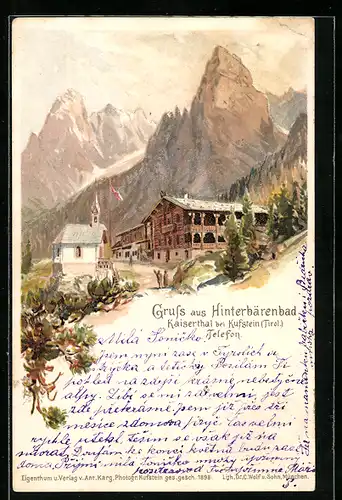 Künstler-Lithographie Otto Strützel: Hinterbärenbad, Blick zum Ort im Kaisertal