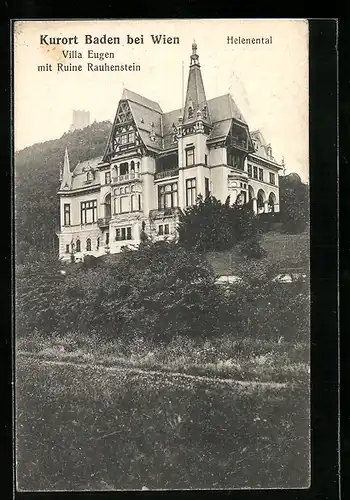 AK Baden bei Wien, Villa Eugen mit Ruine Rauhenstein