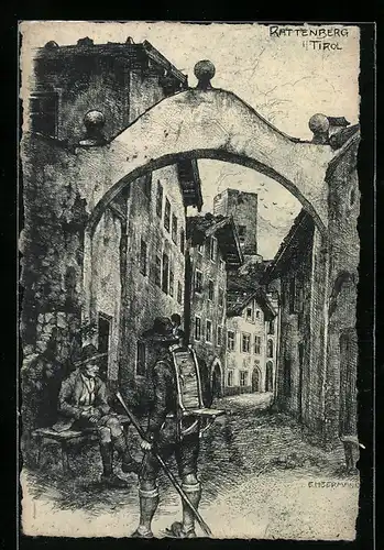 Künstler-AK Rattenberg i. Tirol, Strassenpartie