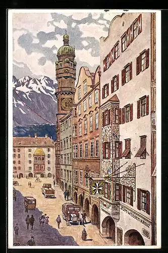 Künstler-AK Innsbruck, Gasthof Weisses Kreuz, Herzog Friedrich Strasse 31