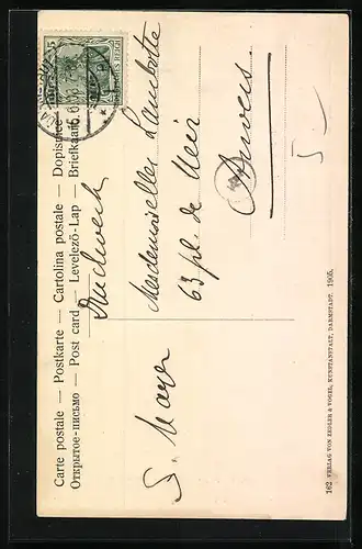 AK Darmstadt, Strassenpartie mit Stadtkirche